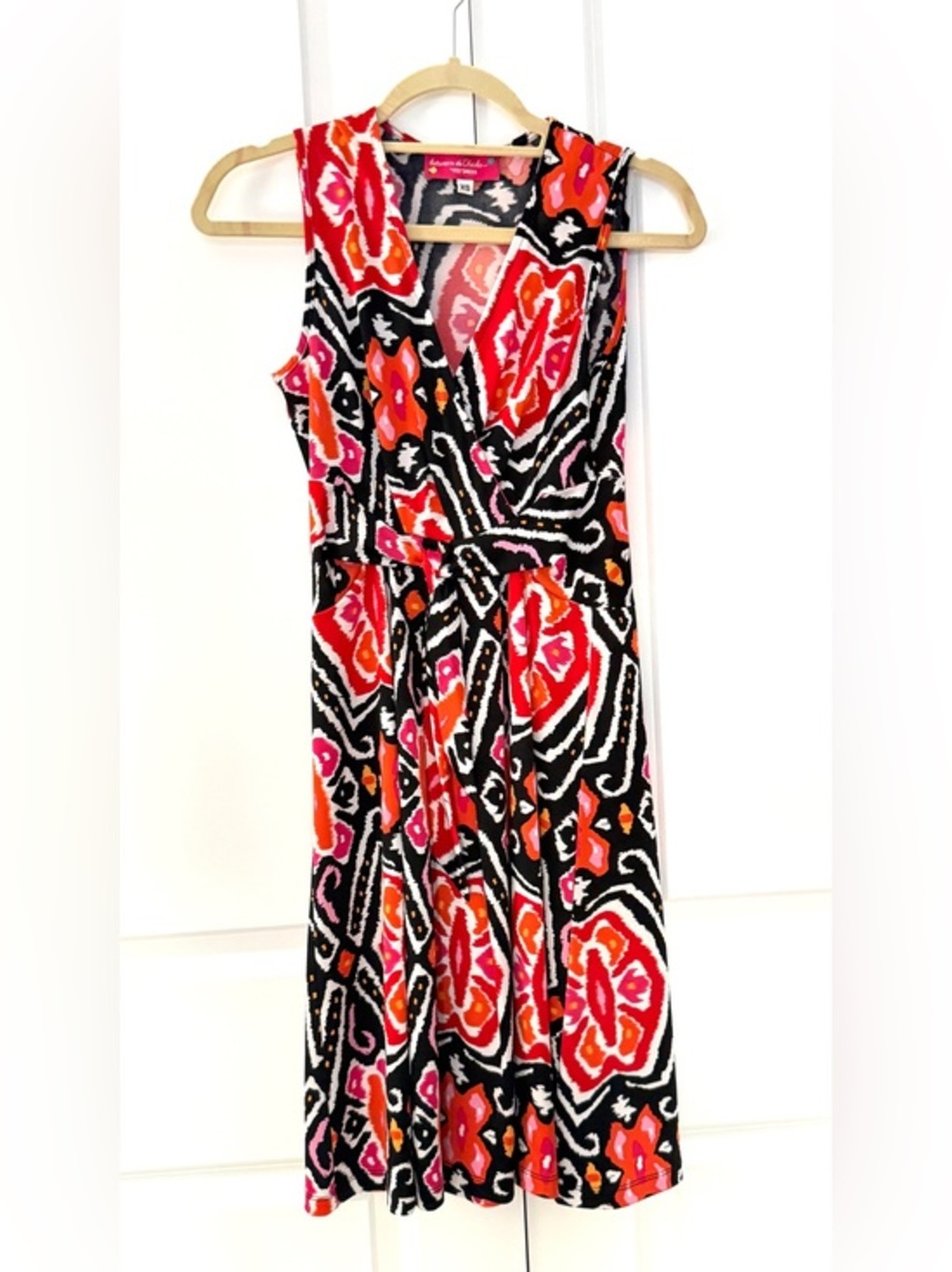 Between the Chicks YES Dress XS Colorful Abstract Faux Wrap Tie Waist Stretchy
